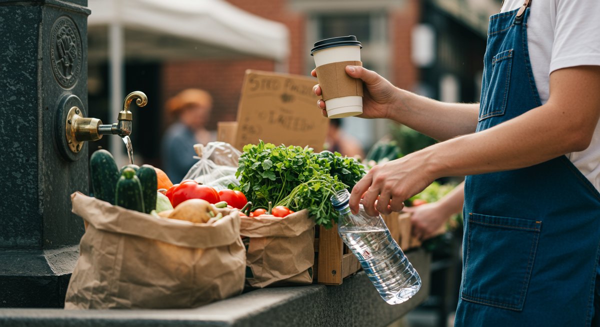 Eco-conscious shopper at sustainable grocery market with reusable bags and fresh produce