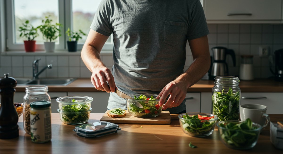Professional illustration of a man preparing quick vegan lunches for workdays with fresh ingredients and organized containers