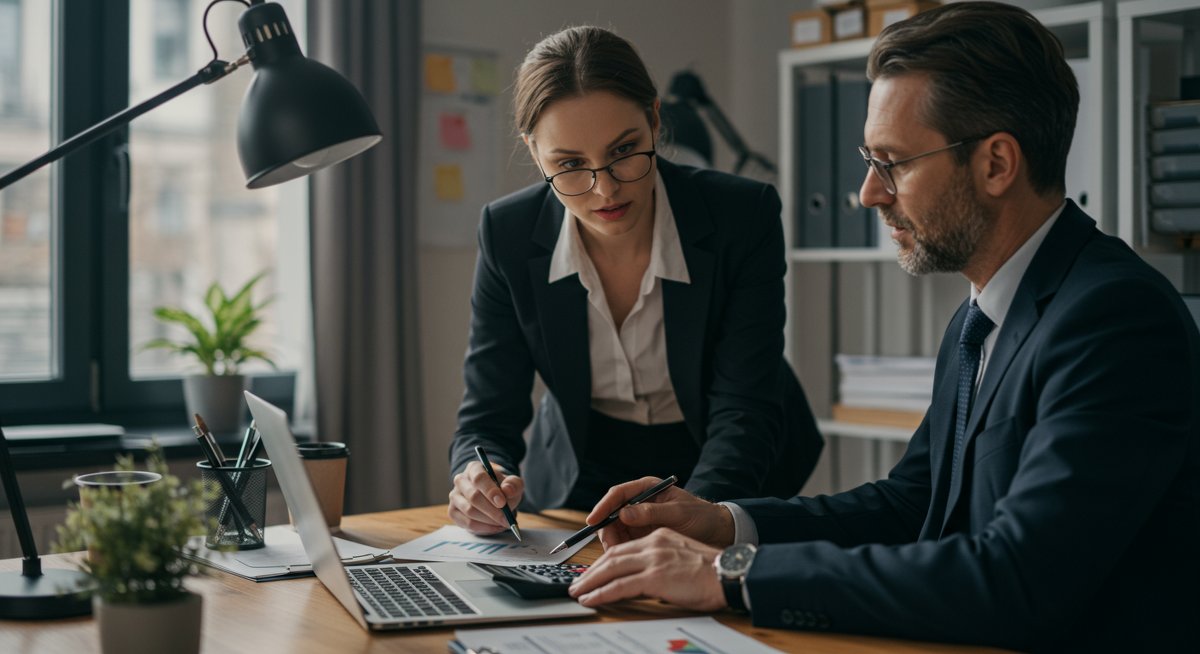Mid-career professionals negotiating salary in modern office with salary calculator and professional decor