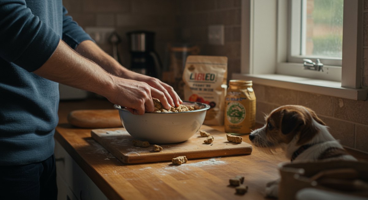 Homemade dog treats being made in a kitchen with a friendly dog nearby