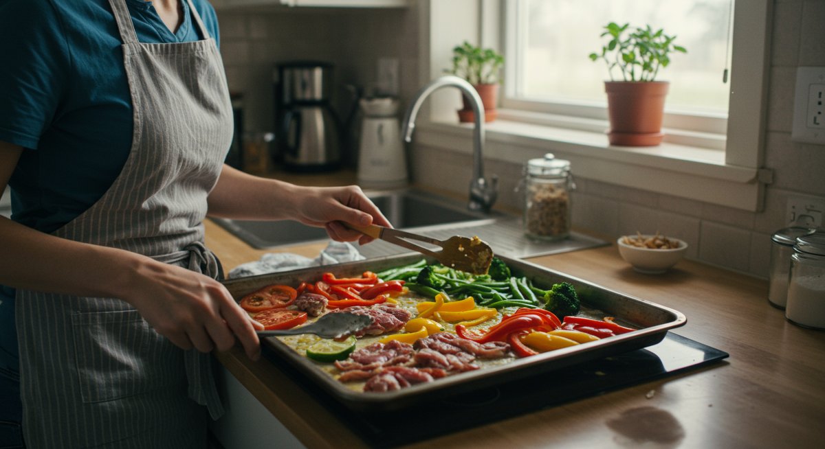 Sheet pan dinner recipe - fresh vegetables and proteins on baking sheet in modern kitchen with natural light