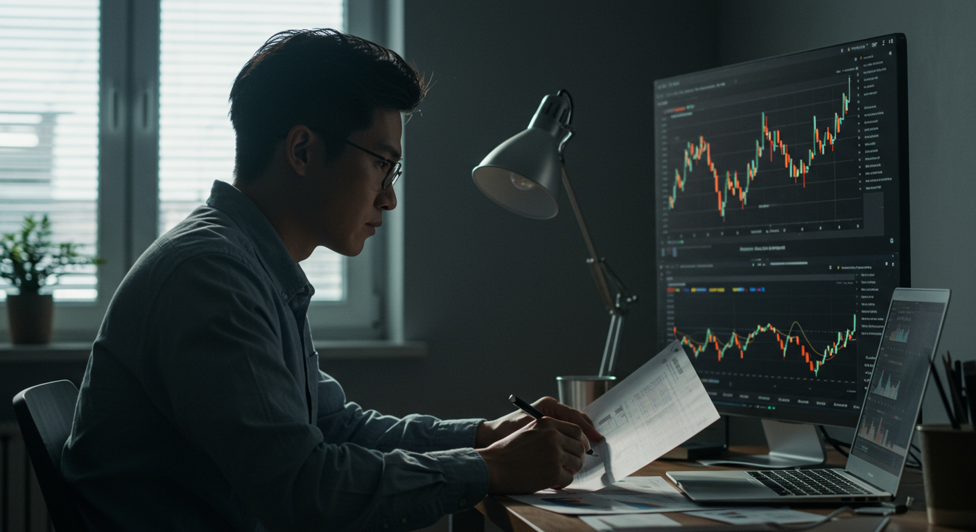 Person analyzing crypto market charts in a home office with natural light