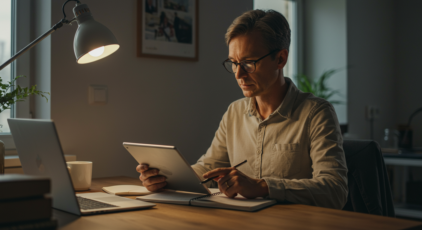 Mid-career professional studying online courses on a tablet to improve skills, skill development and career growth.