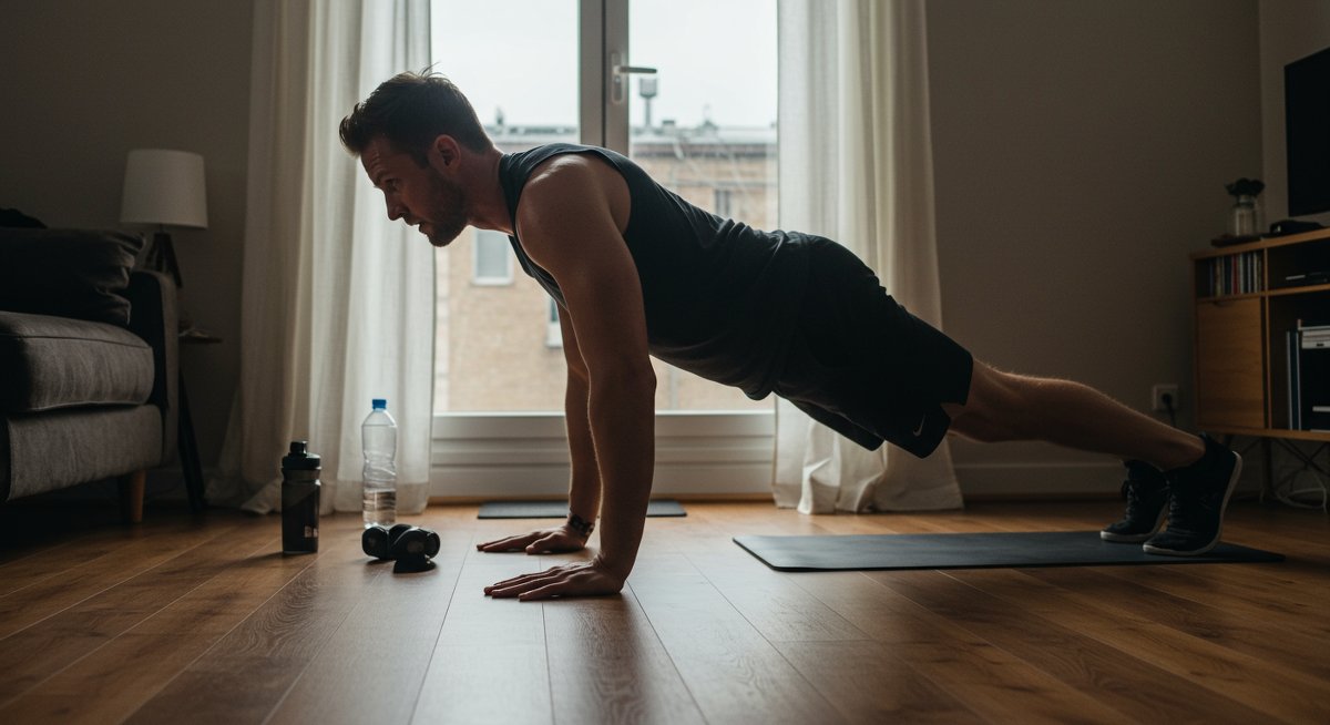 Intermediate fitness man doing burpees at home with dynamic motion blur and natural lighting