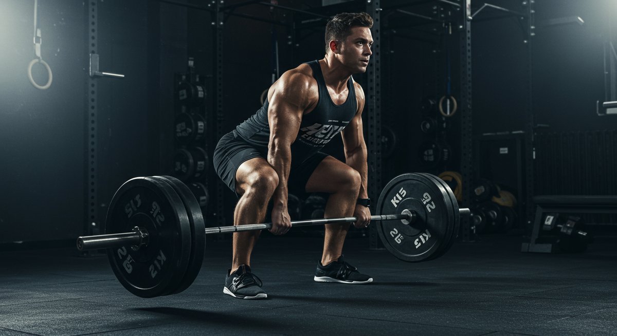Person doing deadlifts in gym with dramatic lighting and fitness equipment