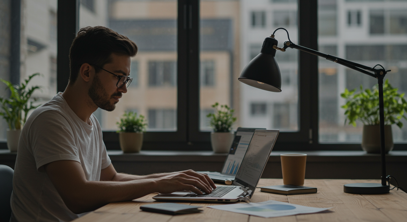A digital nomad working on a laptop in a co-working space, reviewing financial data, emphasizing budgeting and saving money while traveling. The image features a laptop, travel backpack, passport, and a modern co-working environment with natural lighting and a focus on productivity.