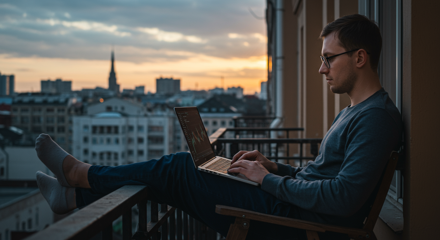 International crypto trader reviewing Bitcoin charts on laptop from balcony