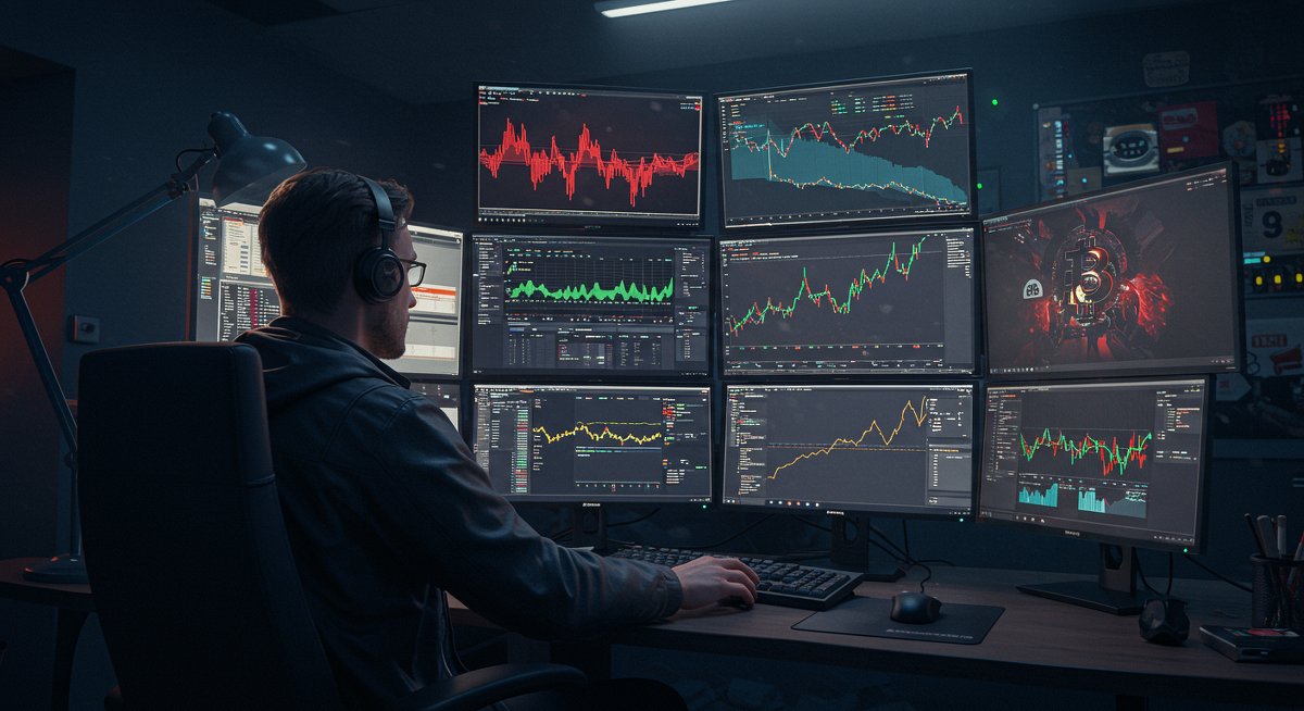 Global Bitcoin trader monitoring fiat depreciation vs cryptocurrency values in neon-lit crypto trading setup
