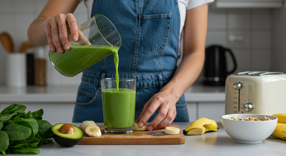 Healthy breakfast smoothie with avocado and fresh fruits in modern kitchen setting