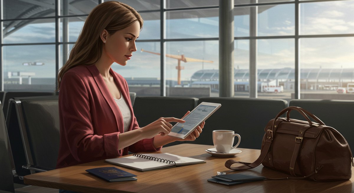 Visa application guide visual: woman reviewing visa requirements in airport lounge with tablet, passport, and notebook