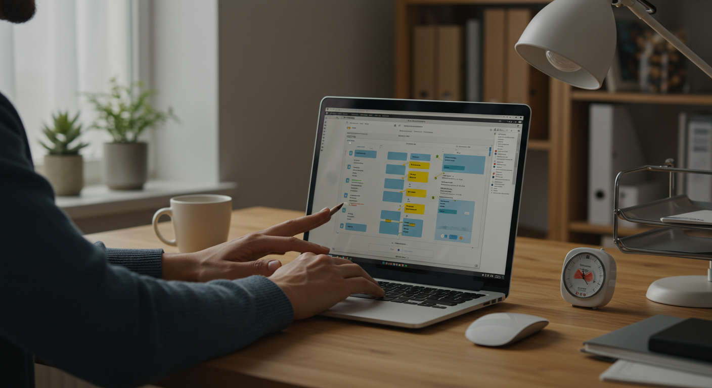 A professional using a digital kanban board on a laptop, representing agile productivity in a modern home office.