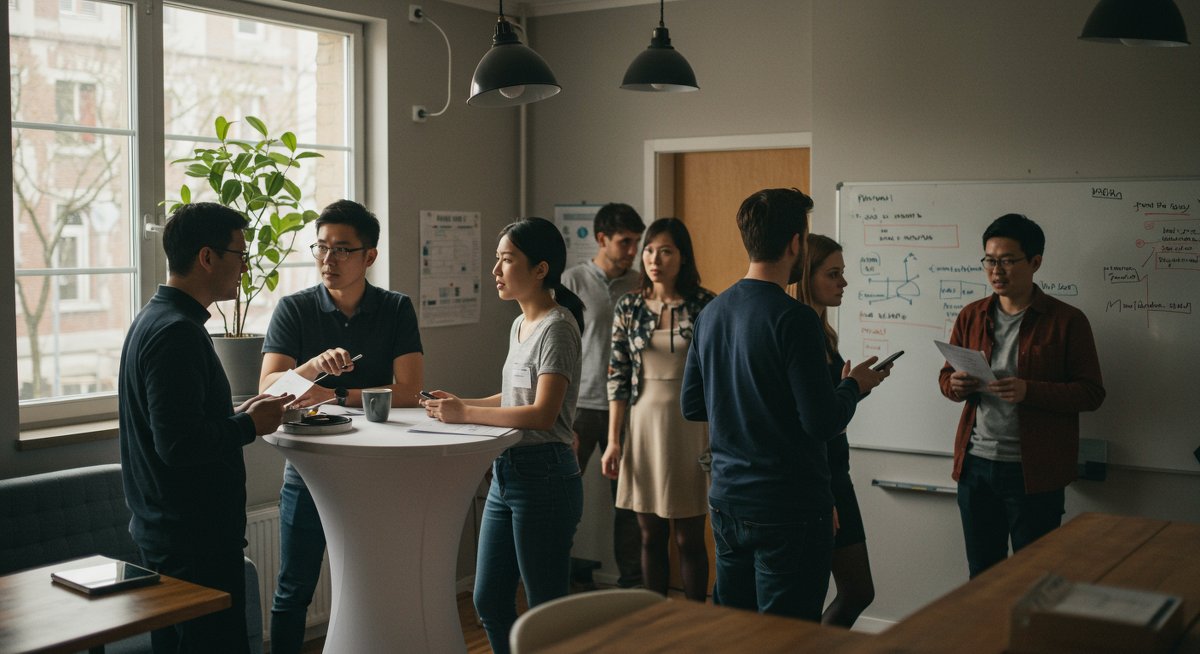 Digital nomads in a modern co-living space engaging in community networking, emphasizing collaboration and connection among beginners.