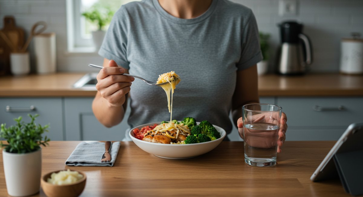 Keto comfort food recipe: Easy keto chicken and broccoli bowl with cheese, fresh herbs, and recipe tablet - perfect for beginners