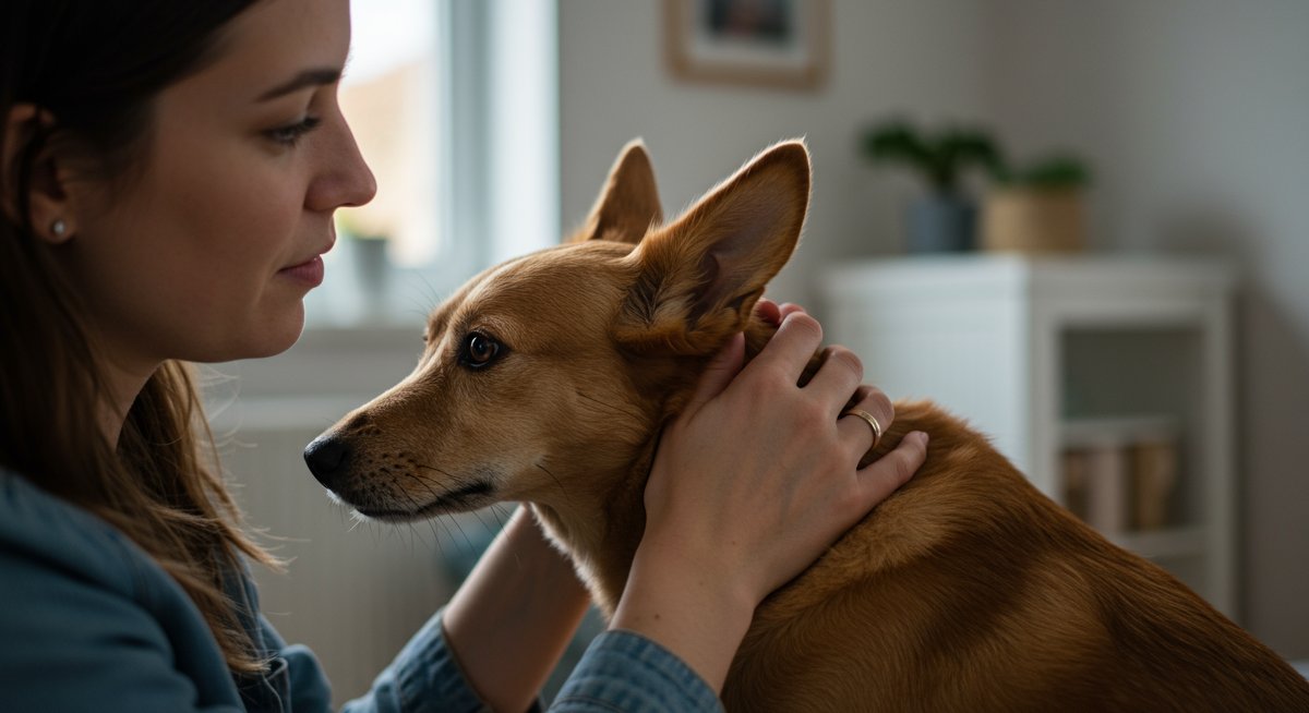 Woman examining dog's skin for allergies, compassionate care, dog skin allergy symptoms