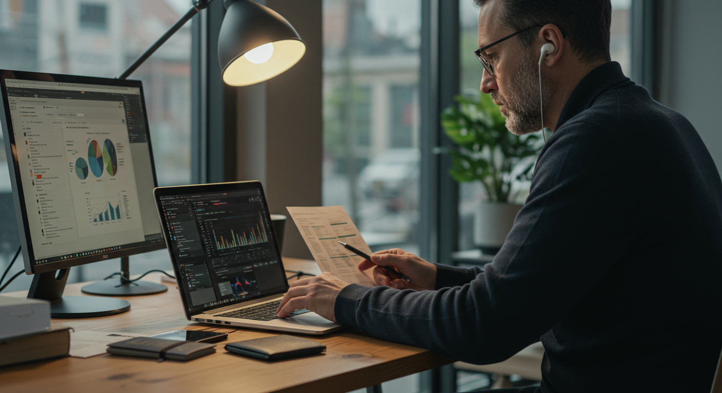 Experienced digital nomad managing finances and tax optimization in a modern co-working space, showcasing financial freedom and strategic planning.