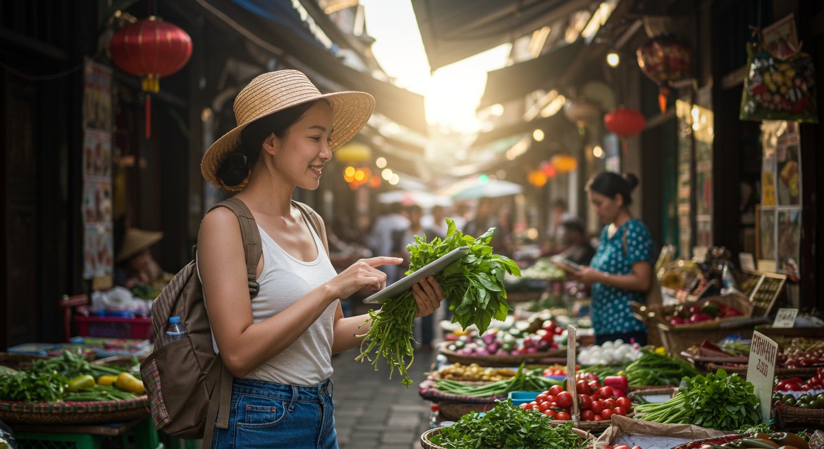 Budget traveler comparing prices in Southeast Asian market with fresh produce and local goods