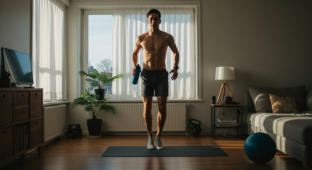 Intermediate male doing jumping jacks at home with water bottle and fitness tracker, showcasing no-equipment cardio workout