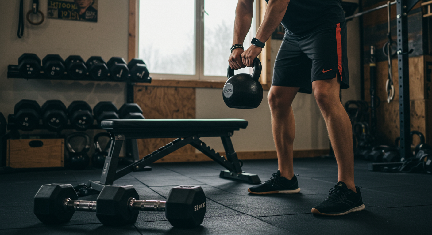 Advanced fitness enthusiast performing kettlebell swings in a home garage gym, showcasing explosive lower body strength and a determined expression.