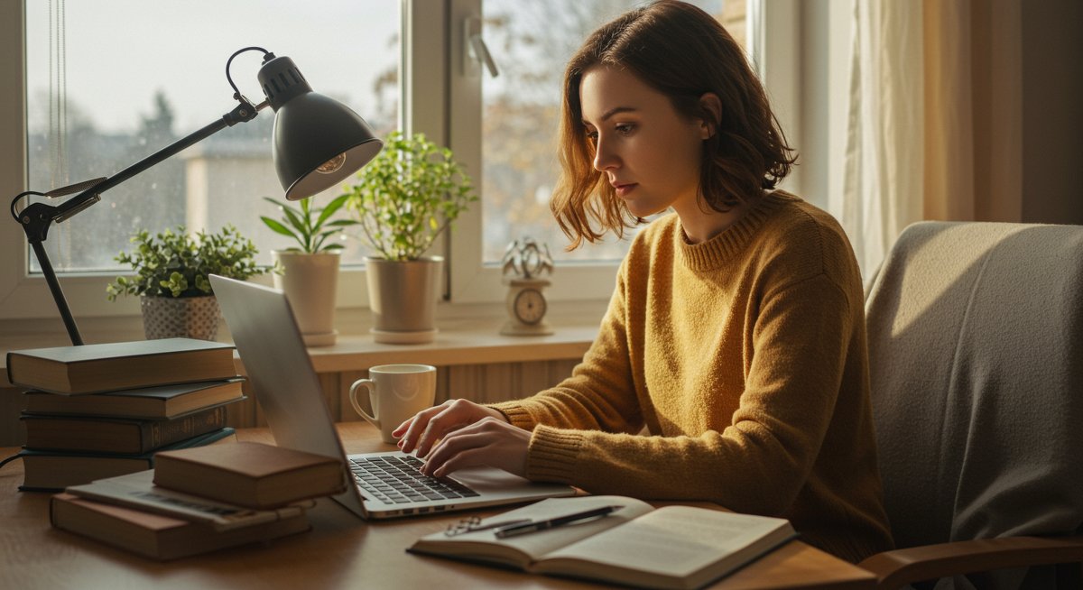 Student managing test anxiety with study materials and calming props in a natural light study space