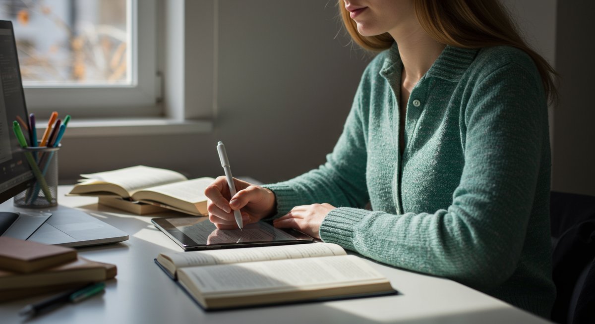 Student taking notes on tablet with textbook and notebook, modern study setup for effective note-taking strategies