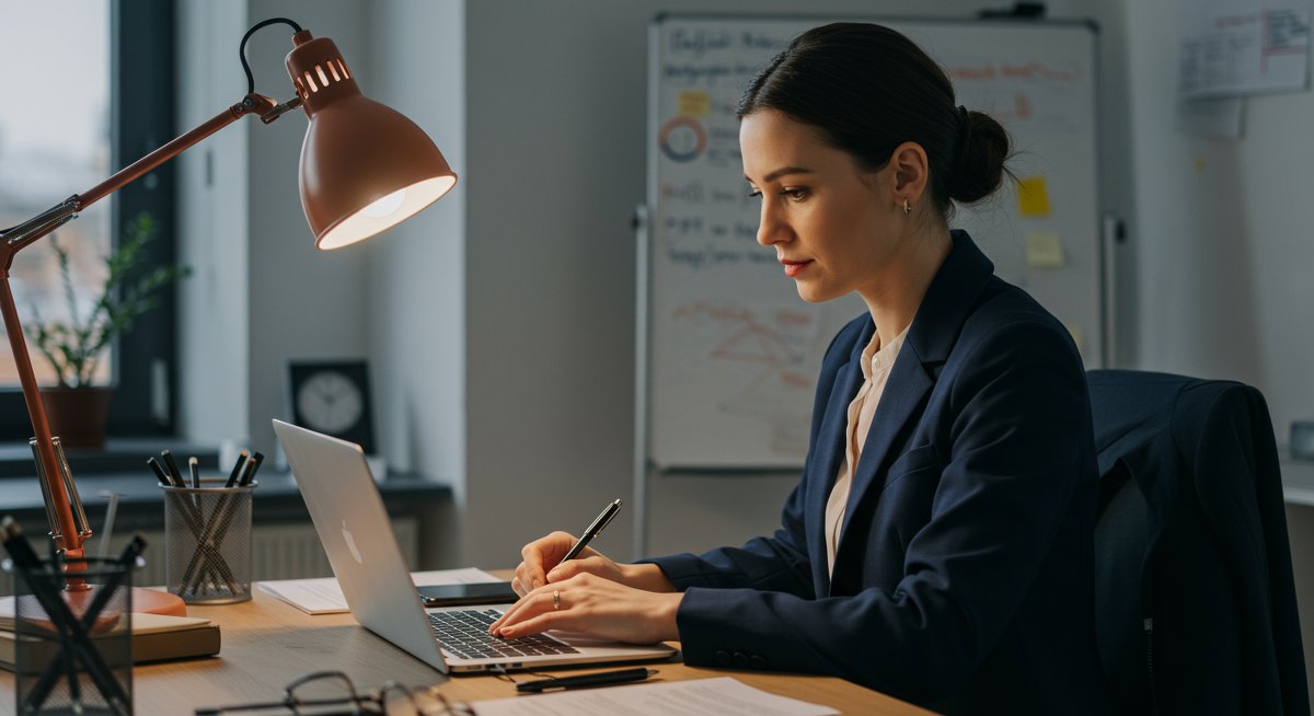 Confident mid-career professional demonstrating interview preparation in a modern office environment