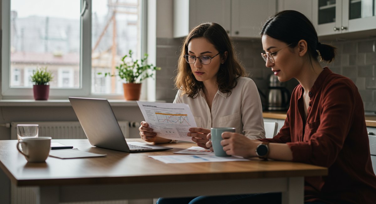 Couple working together on shared budget plan with laptops and coffee