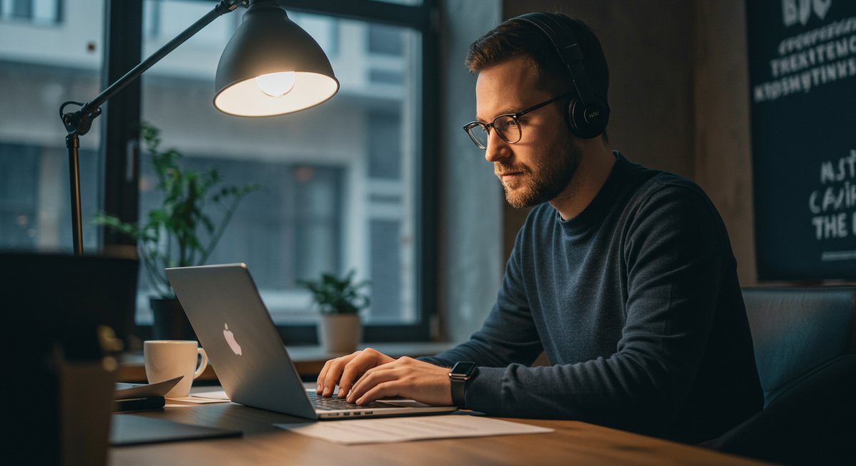 Experienced digital nomad examining travel insurance documents on laptop in professional workspace, highlighting security for long-term travel