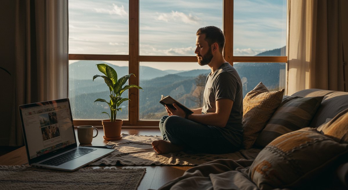 Digital nomad mental health - experienced male nomad practicing mindfulness with journal and plant in mountain workspace