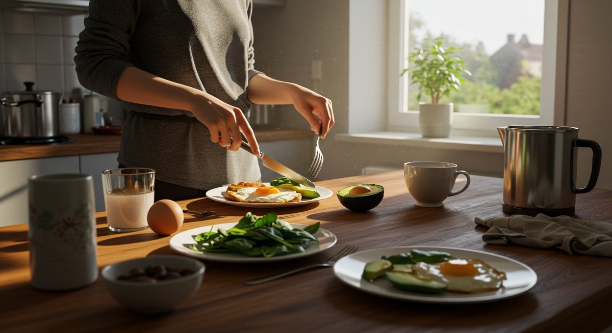 Fresh high-protein breakfast with eggs, avocado, and spinach in modern kitchen setting