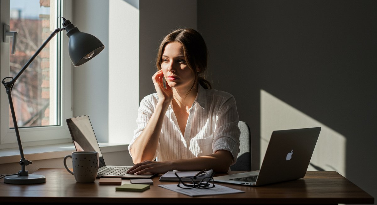 Minimalist self-care routine: Confident woman in organized home office with laptop, coffee mug, and notepad, natural lighting highlighting intentional workspace