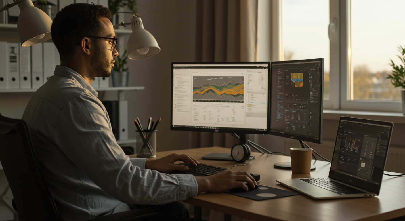 A professional organizing digital files on a dual-monitor setup in a modern home office, emphasizing digital decluttering for enhanced productivity.