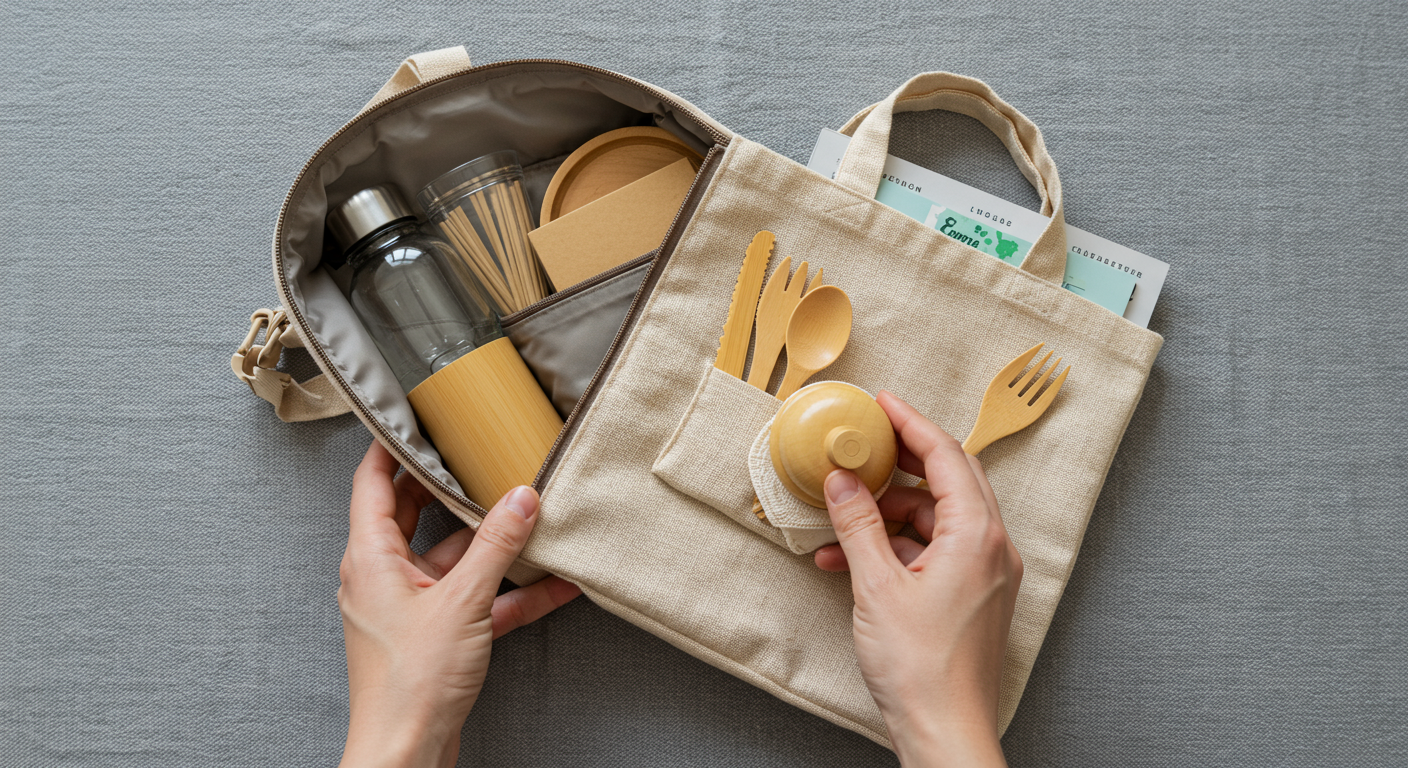 A person packing a sustainable travel bag with reusable items, promoting eco-friendly travel and sustainable living.