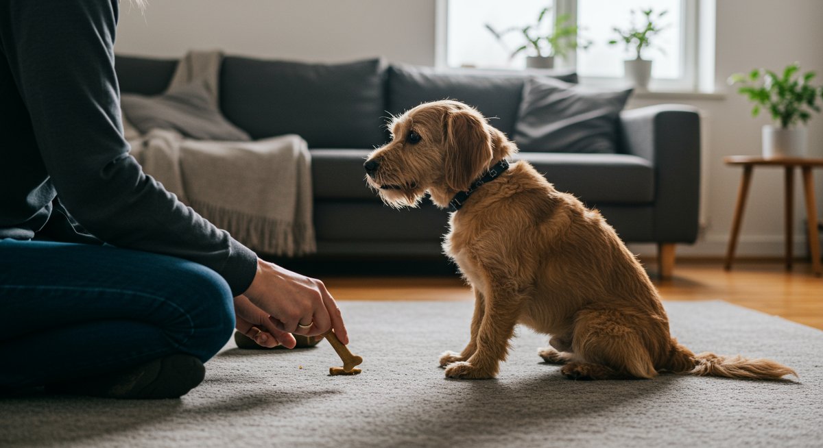 Experienced dog owner training their pet with positive reinforcement techniques in a modern home setting