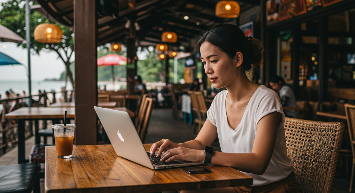 Female digital nomad managing her budget on a laptop at a beach cafe. Budget travel tips and financial planning for remote workers.