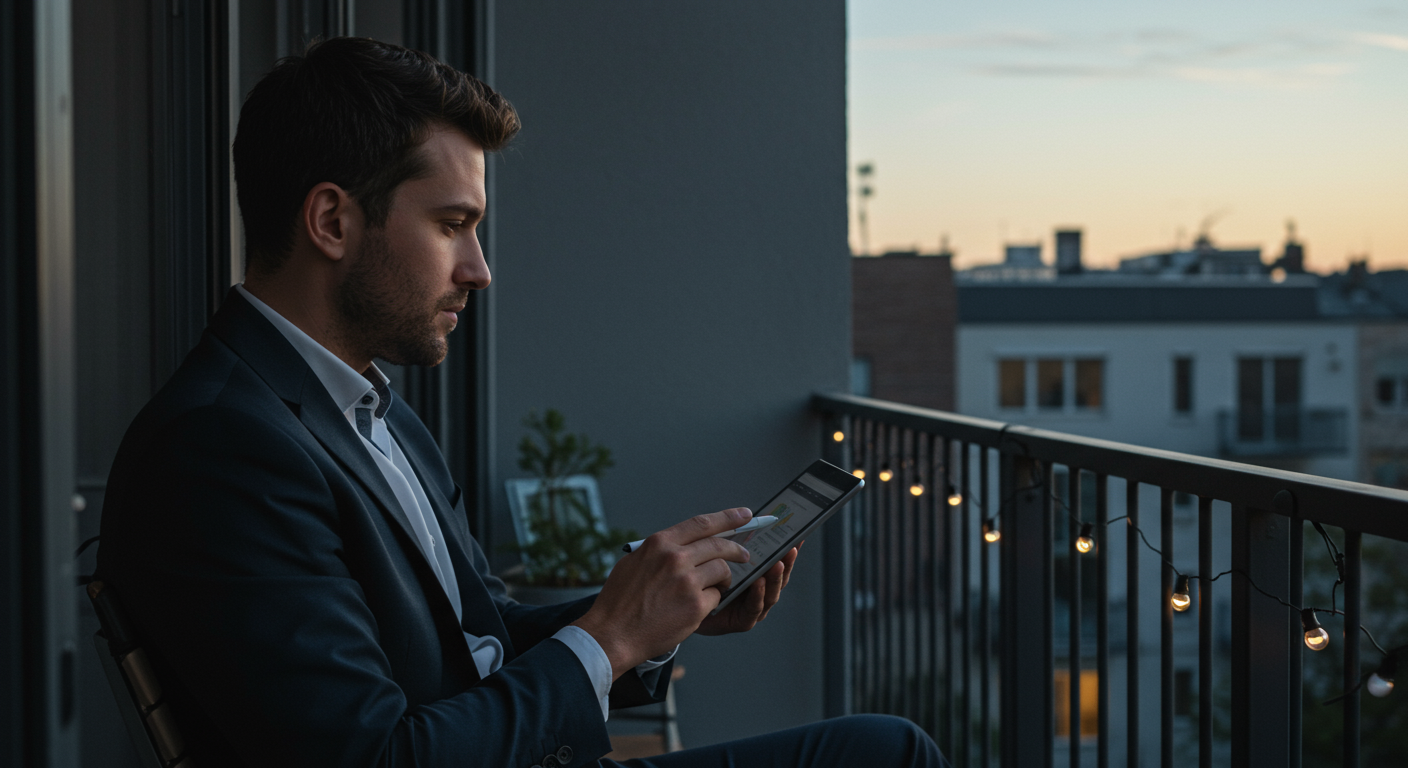 International crypto trader analyzing Bitcoin charts on a tablet during evening routine