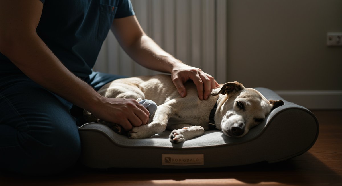 Senior dog with joint health care: man assisting with massage therapy for arthritis relief