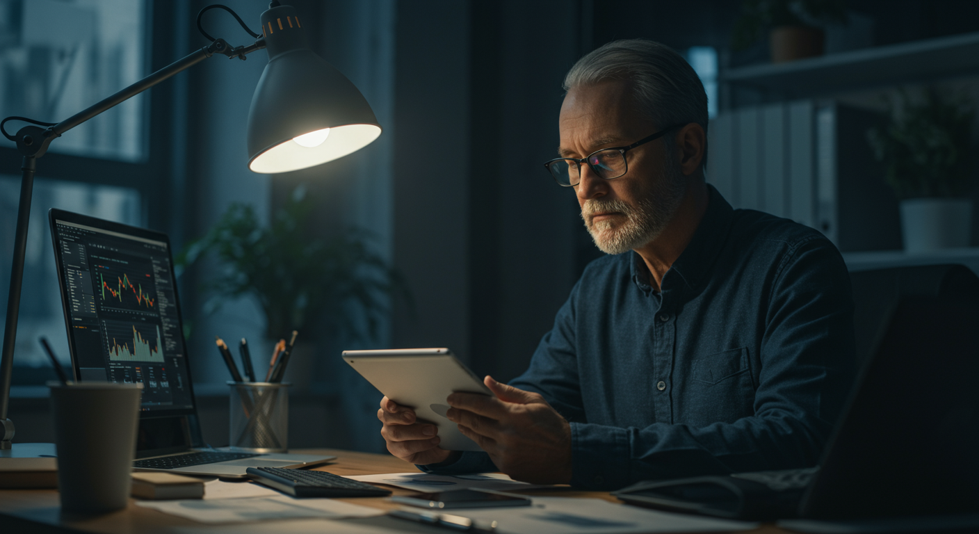 Experienced crypto trader analyzing altcoin charts on a tablet in a modern co-working space, focusing on advanced trading strategies.