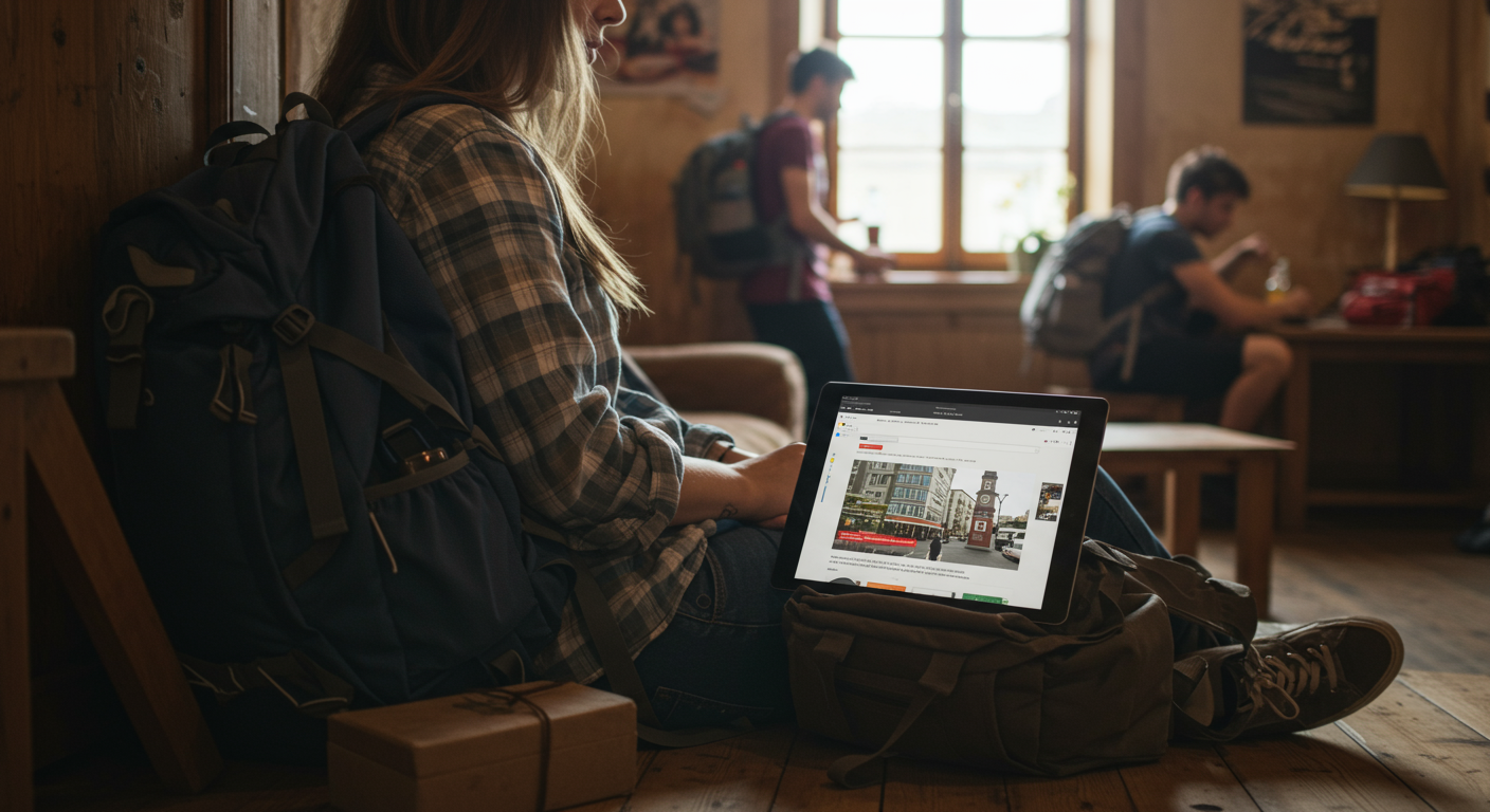 Female traveler in a hostel, booking hotels on a tablet, budget travel tips.