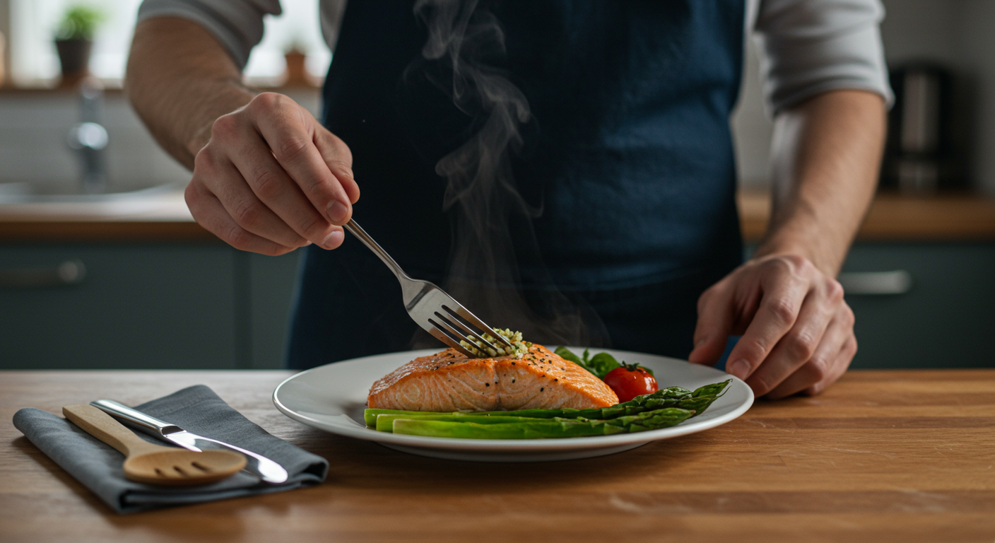 Close-up of a beautifully plated keto dinner (e.g., salmon with asparagus) with steam rising in an elegant setting, showing the chef's focus and attention to detail in the modern kitchen. The scene includes healthy ingredients on a modern kitchen island. Focus is on the culinary experience.