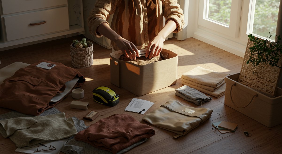 Empowering sustainable fashion moment: Person organizing budget-friendly capsule wardrobe with second-hand clothes, label maker, and reusable bags in natural light
