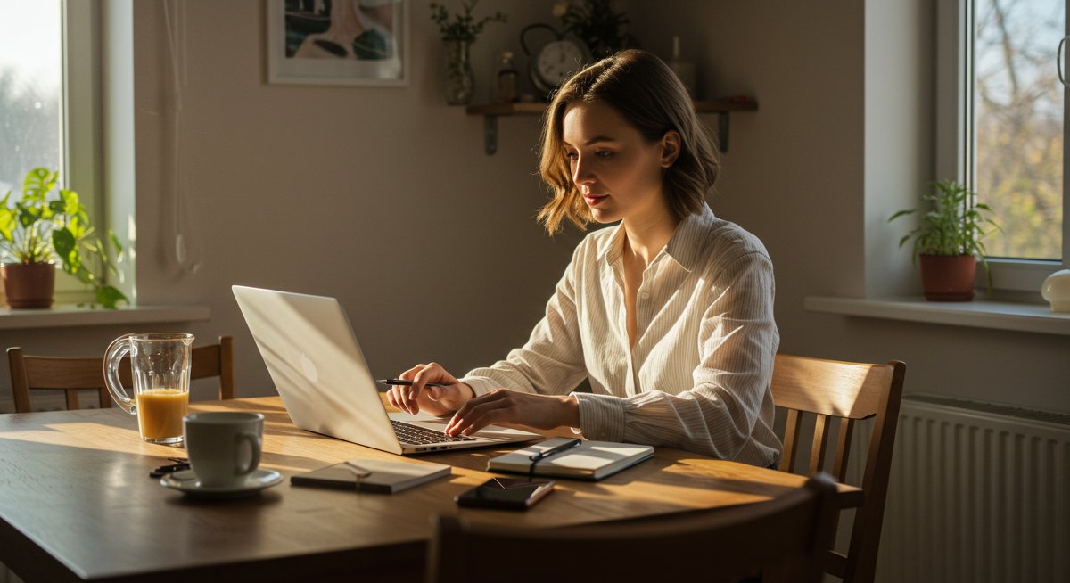 Minimalist wardrobe planning with a laptop, notebook, and coffee mug in a modern kitchen