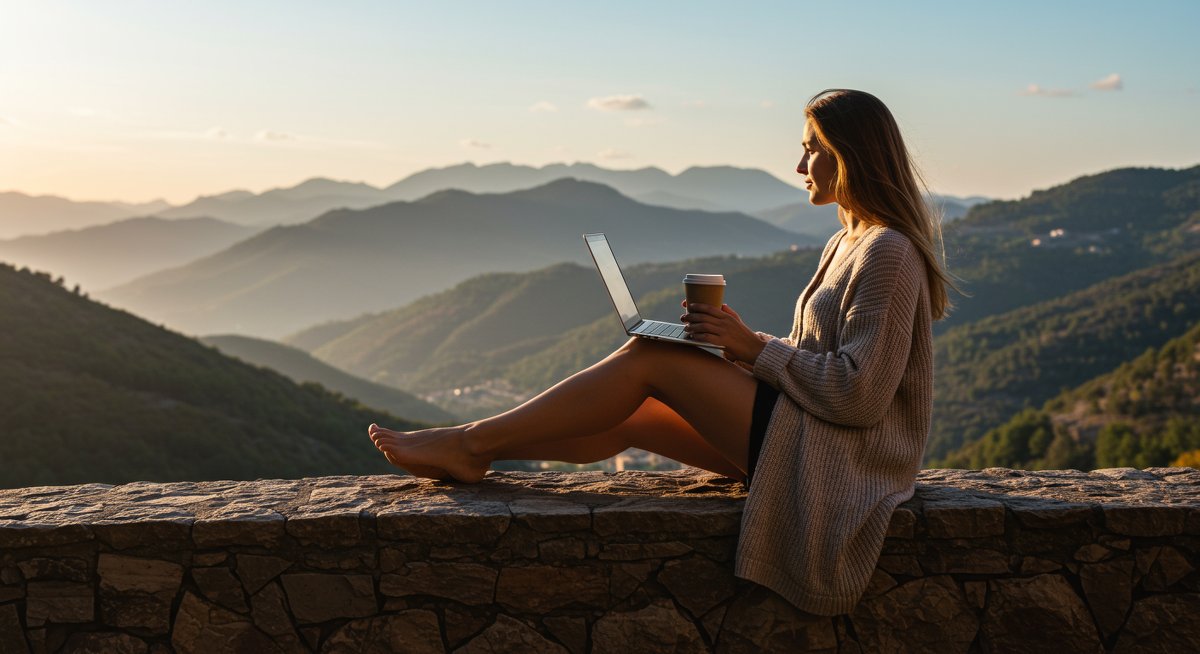 A relaxed digital nomad woman sipping on a coffee while working from a picturesque mountain view, highlighting mental wellness and remote work flexibility.