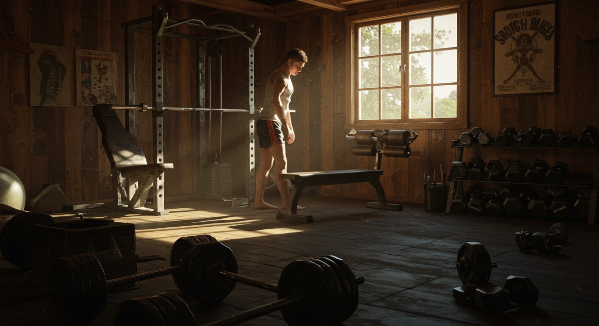 Vintage gym equipment arranged in home gym with warm lighting