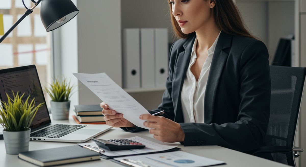 Confident mid-career professional reviewing salary negotiation documents in a modern office environment