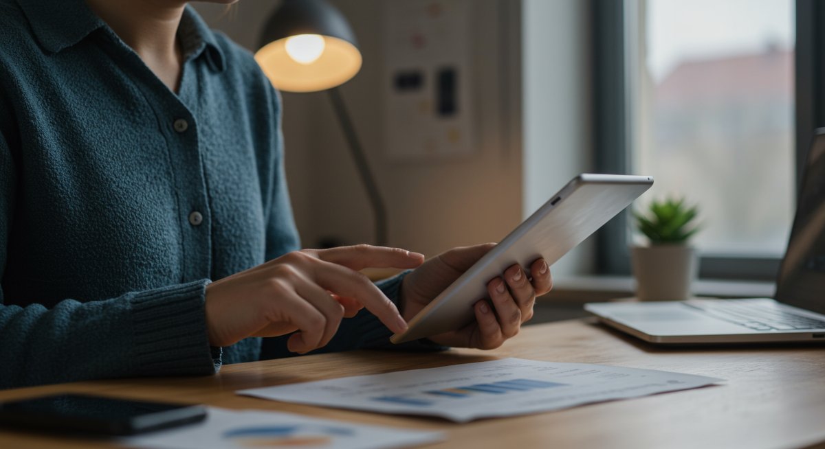 Mid-career professional engaging in professional development through digital learning in a modern office environment