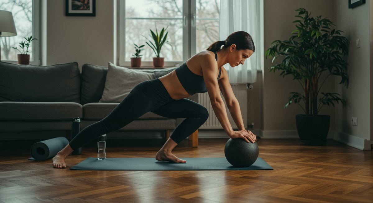 Intermediate woman foam rolling at home for muscle recovery with yoga mat and water bottle