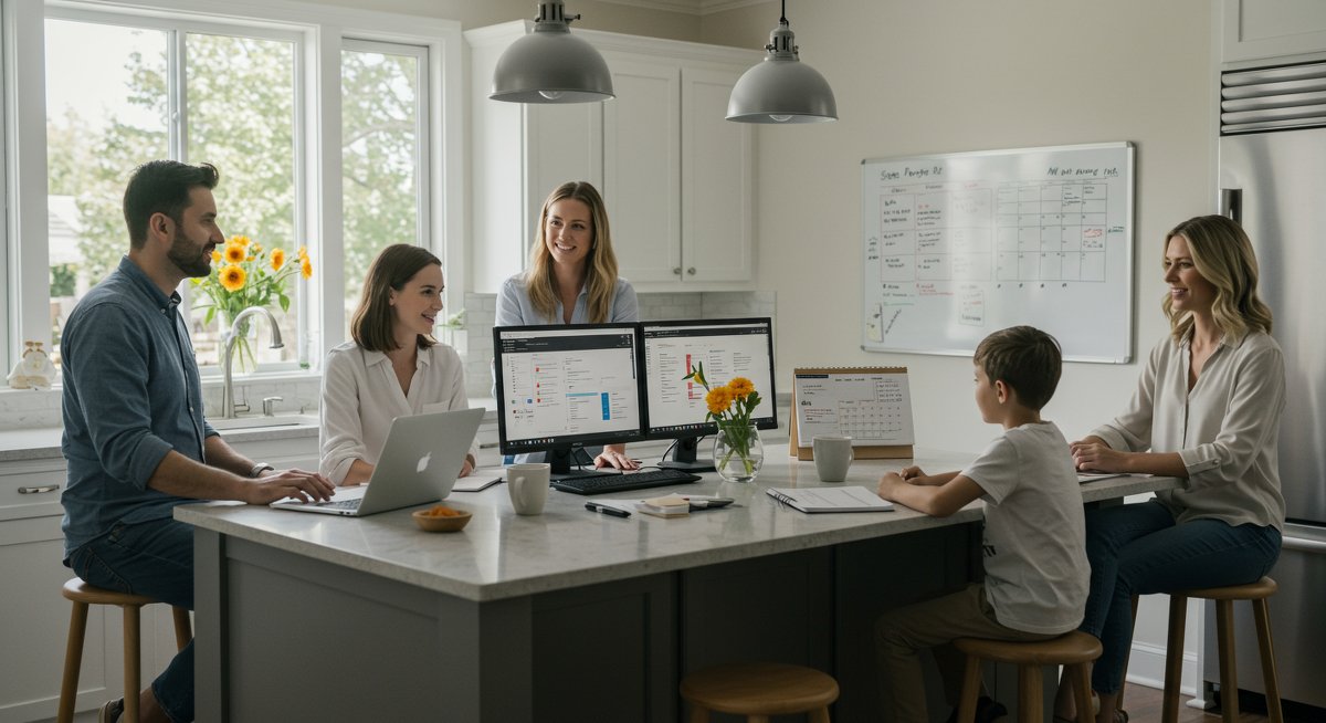 Middle-class family managing budget with technology and organization in modern kitchen