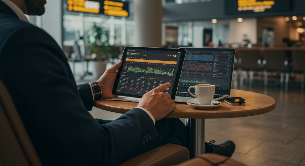 Business traveler reviewing travel rewards dashboard at airport lounge with laptop and coffee