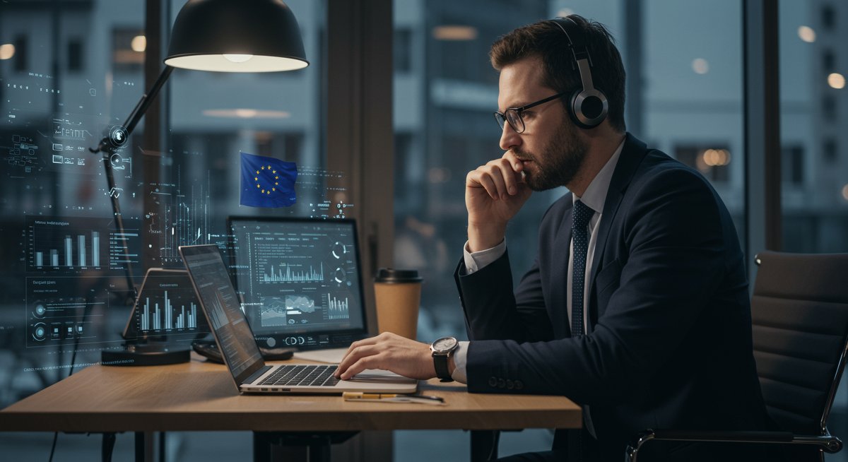 GDPR compliant P2P lending data protection - European investor reviewing security protocols in modern workspace