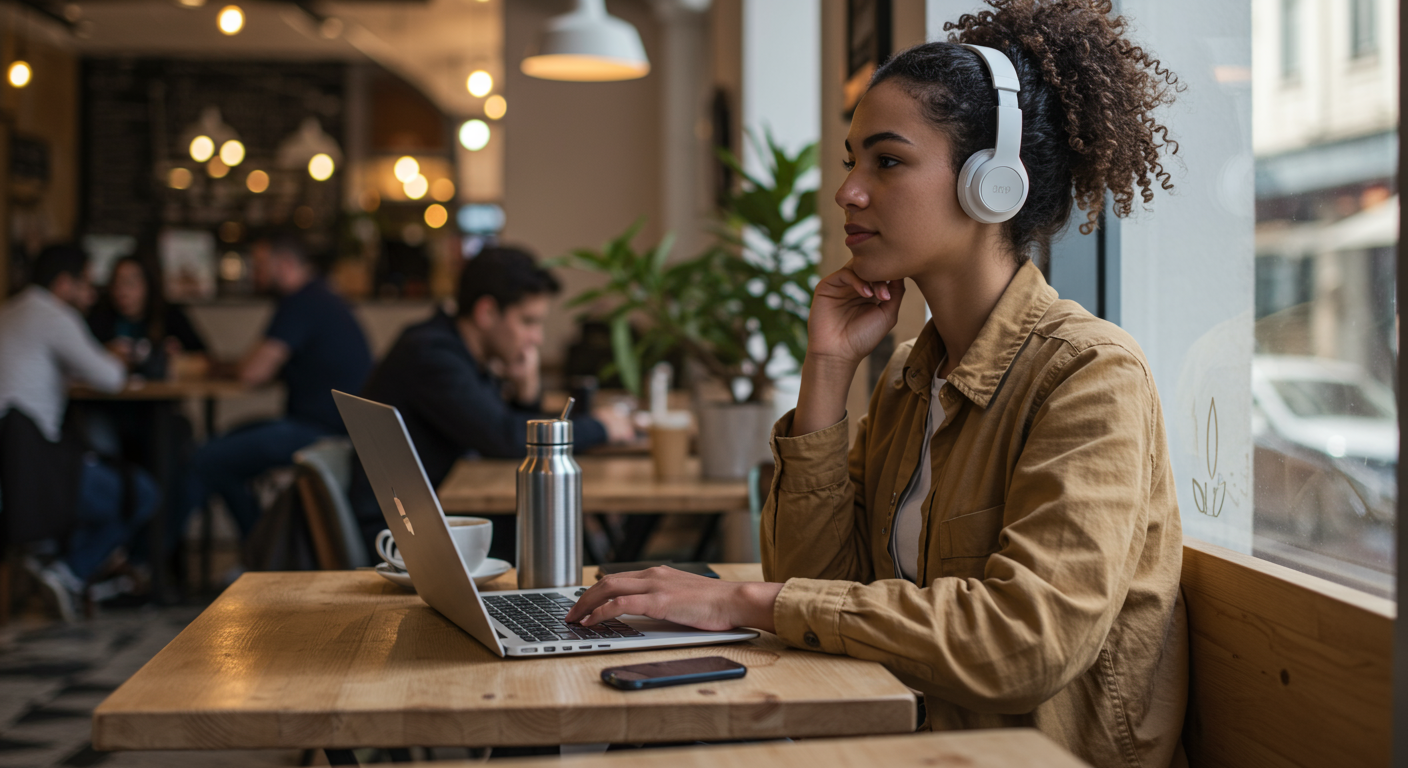 Experienced female digital nomad taking a mindful break while working from a cafe in Lisbon, Portugal, emphasizing mental well-being and work-life balance.